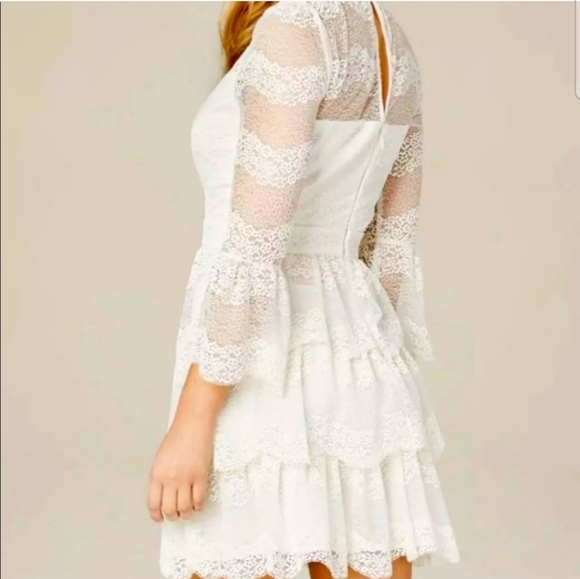 Bebe Olivia Ruffle Tiered Lace Embroidered Ivory Mini Dress Size 12 - Picture 11 of 11